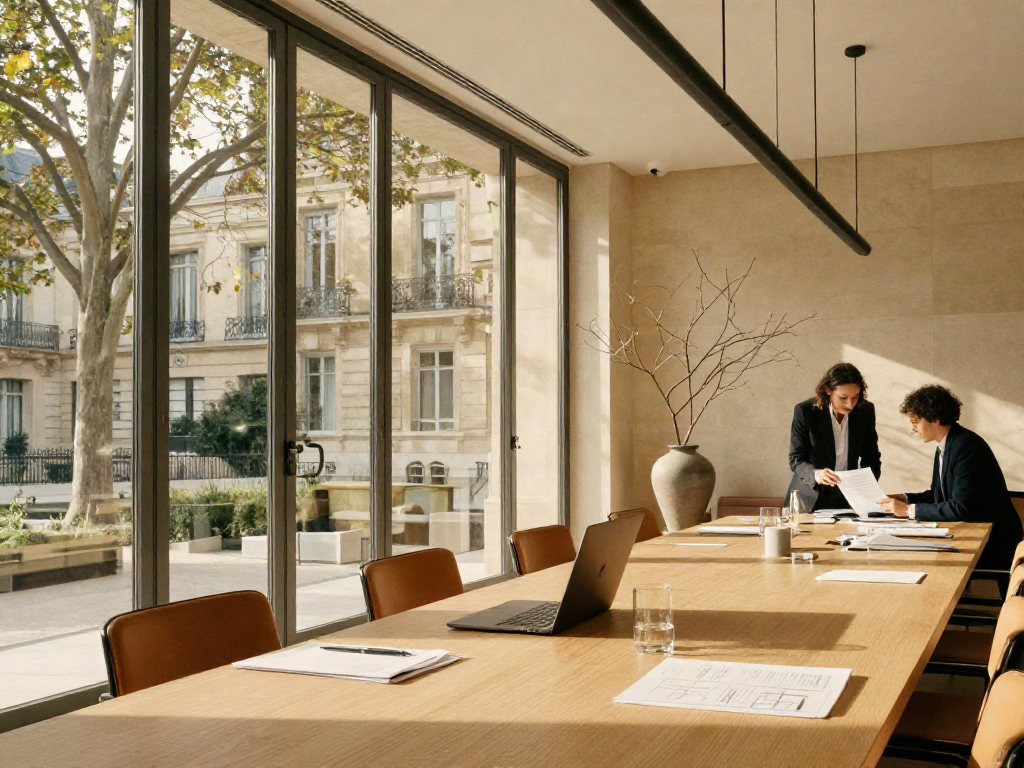 A sunlit strategy meeting room with consultants reviewing a business report